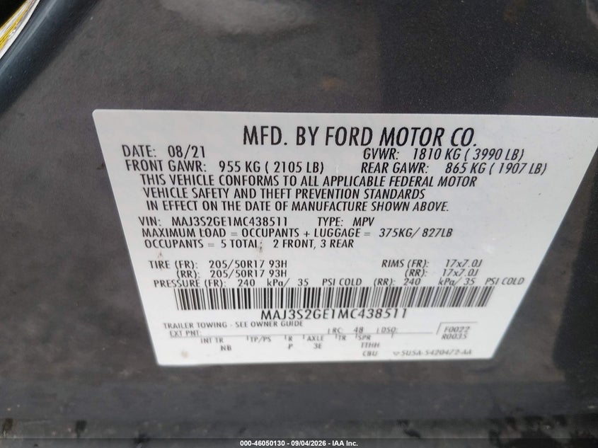 FORD ECOSPORT 2021 VIN MAJ3S2GE1MC438511