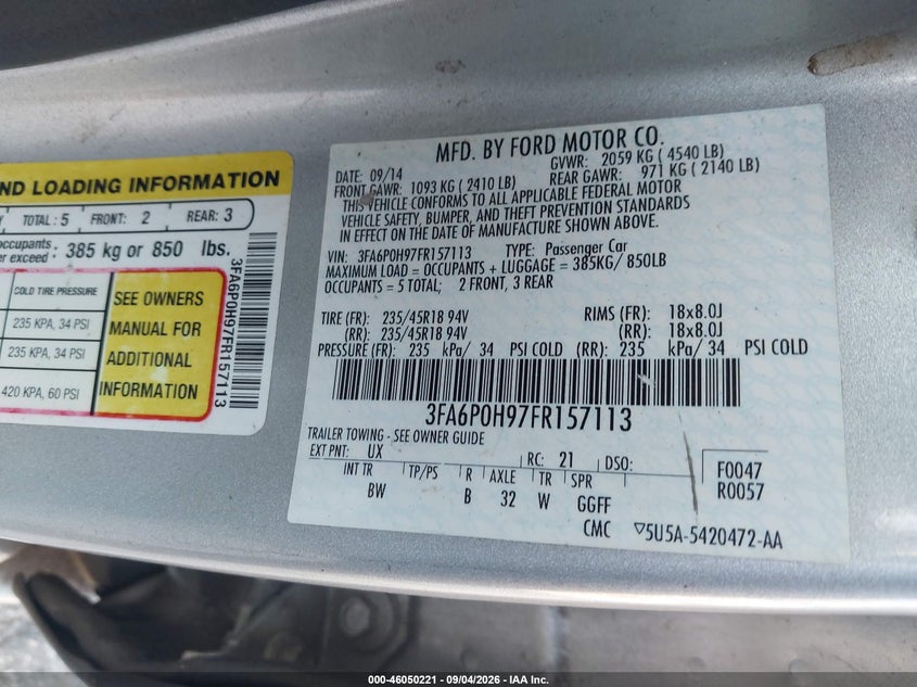 FORD FUSION 2015 VIN 3FA6P0H97FR157113