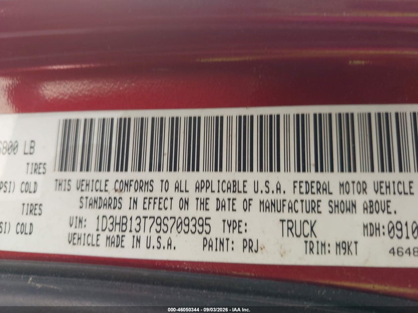 DODGE RAM 1500 2009 VIN 1D3HB13T79S709395