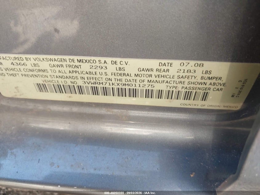 VOLKSWAGEN JETTA 2009 VIN 3VWRM71KX9M011275