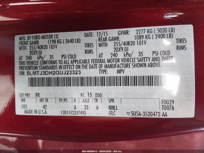 LINCOLN MKC 2016 VIN 5LMTJ3DH2GUJ23323