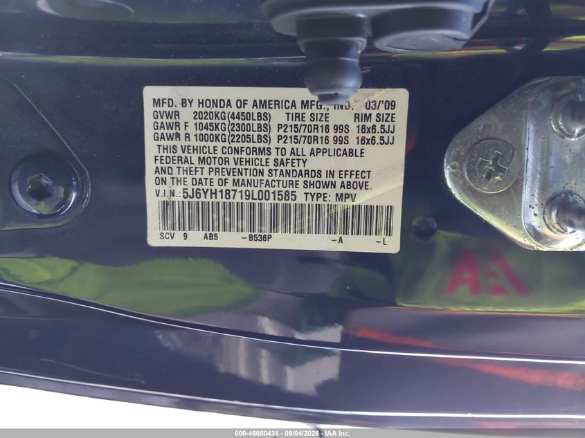 HONDA ELEMENT 2009 VIN 5J6YH18719L001585