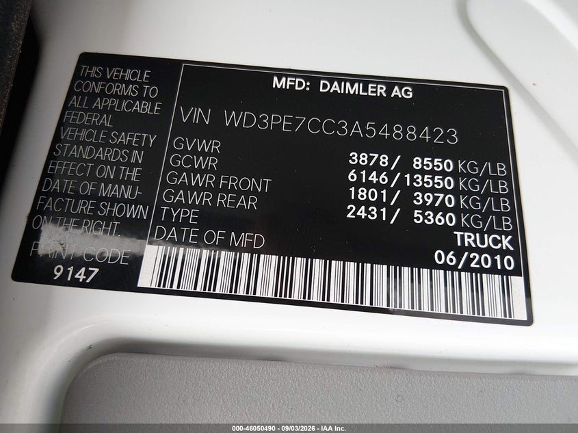 MERCEDES-BENZ SPRINTER VAN 2500 2010 VIN WD3PE7CC3A5488423