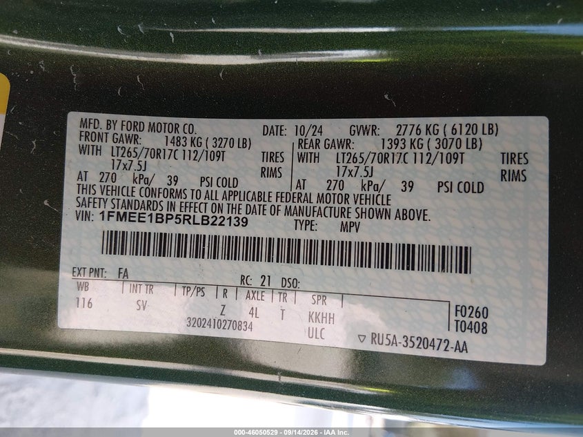 FORD BRONCO 2024 VIN 1FMEE1BP5RLB22139
