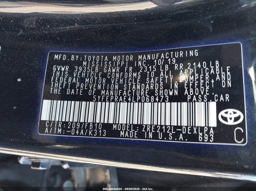 TOYOTA COROLLA 2020 VIN 5YFEPRAE4LP068473