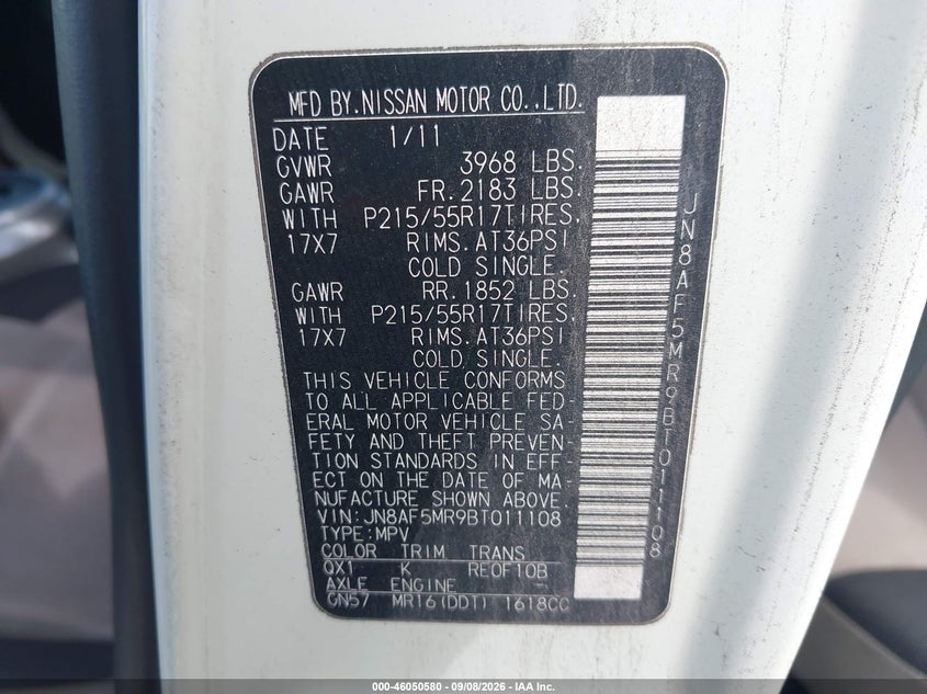 NISSAN JUKE 2011 VIN JN8AF5MR9BT011108