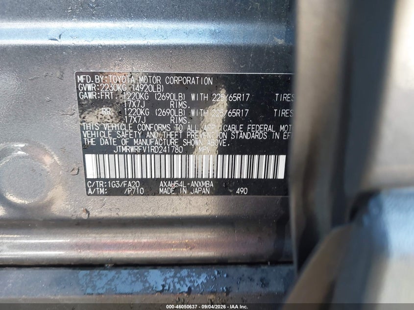 TOYOTA RAV4 HYBRID 2024 VIN JTMRWRFV1RD241780
