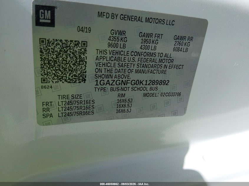 CHEVROLET EXPRESS 3500 2019 VIN 1GAZGNFG0K1289892