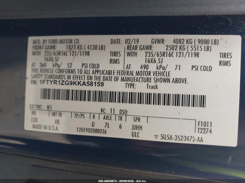 Vin: 1ftyr1zg9kka58159, lot: 46550160, ford transit-250 20194