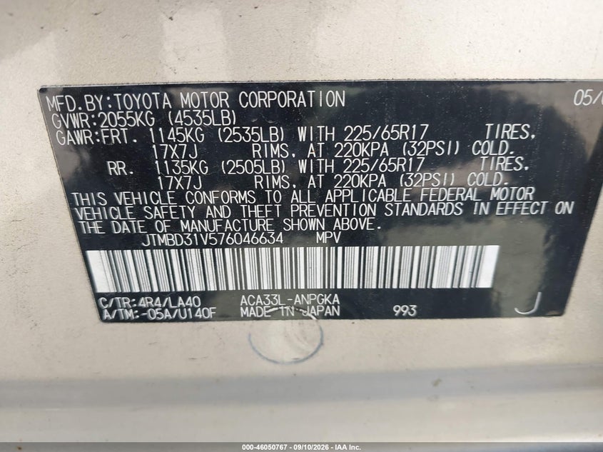 TOYOTA RAV4 2007 VIN JTMBD31V576046634