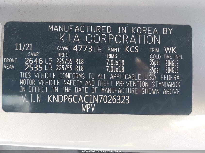 KIA SPORTAGE 2022 VIN KNDP6CAC1N7026323