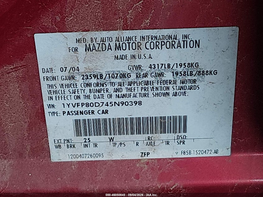 MAZDA MAZDA6 2004 VIN 1YVFP80D745N90398