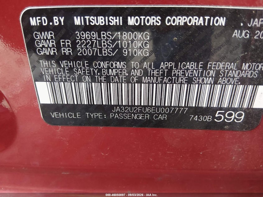 MITSUBISHI LANCER 2014 VIN JA32U2FU6EU007777