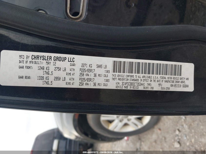 DODGE JOURNEY 2012 VIN 3C4PDCBB3CT353441