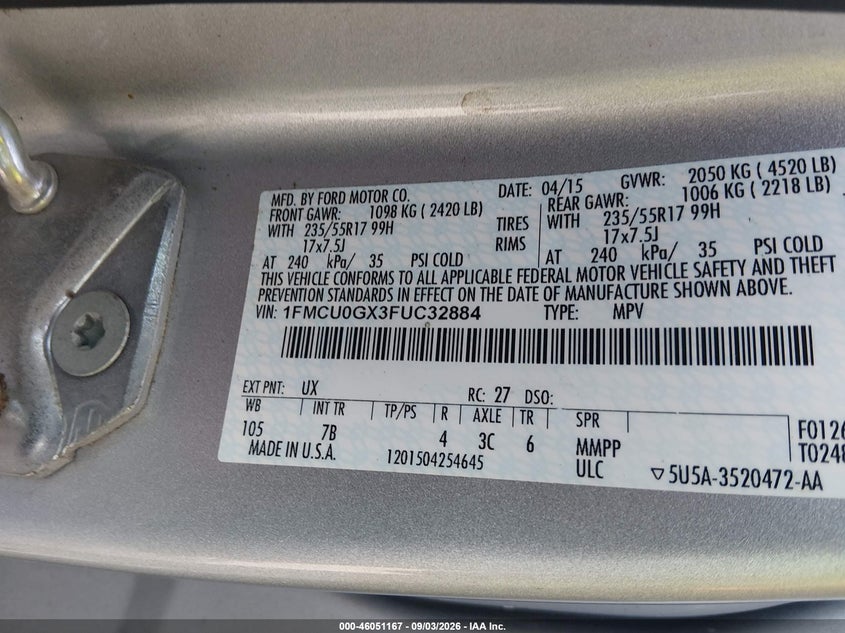 2015 FORD ESCAPE SPORT UTILITY VEHICLE 1.6L I-4 DI, DOHC, VVT, TURBO, 173HP
