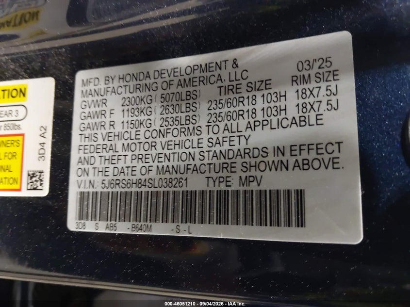 HONDA CR-V HYBRID 2025 VIN 5J6RS6H84SL038261