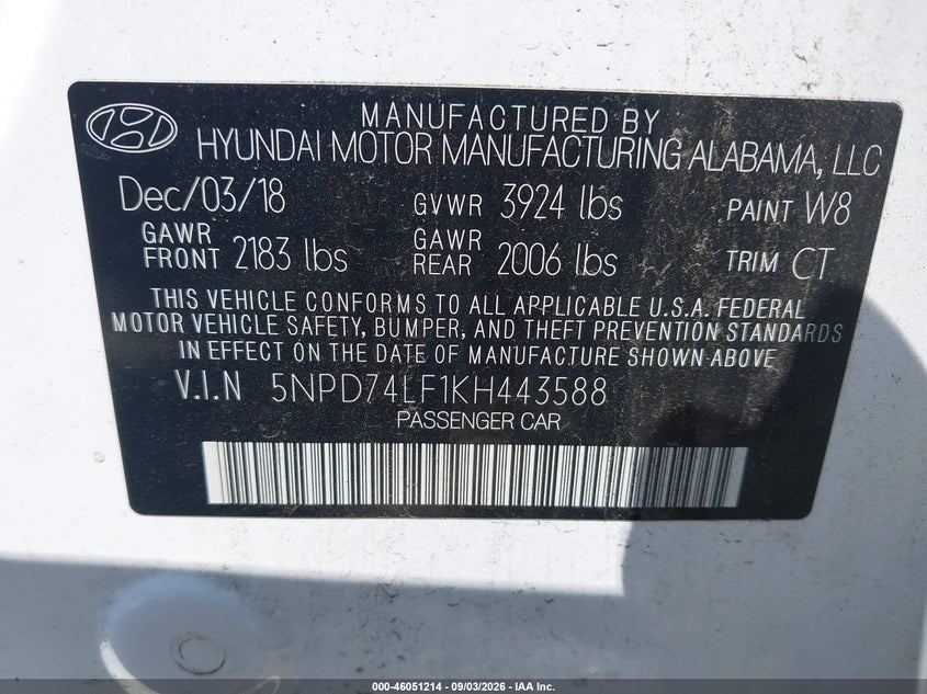 HYUNDAI ELANTRA 2019 VIN 5NPD74LF1KH443588