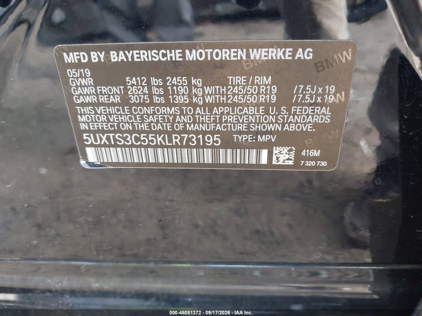 BMW X3 2019 VIN 5UXTS3C55KLR73195
