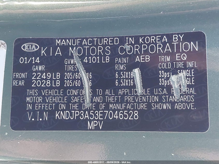 KIA SOUL 2014 VIN KNDJP3A53E7046528