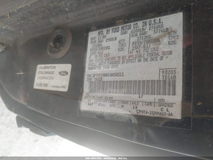FORD F150 1990 VIN 1FTEF14NXLNA50511