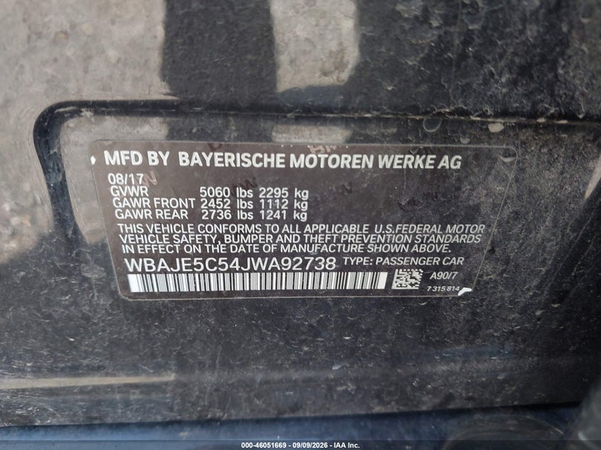 BMW 540I 2018 VIN WBAJE5C54JWA92738