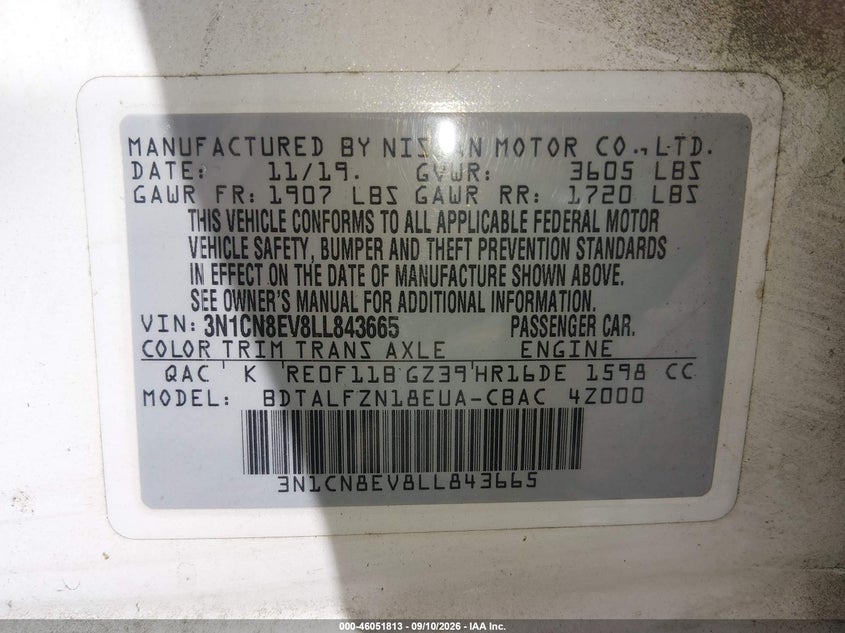NISSAN VERSA 2020 VIN 3N1CN8EV8LL843665