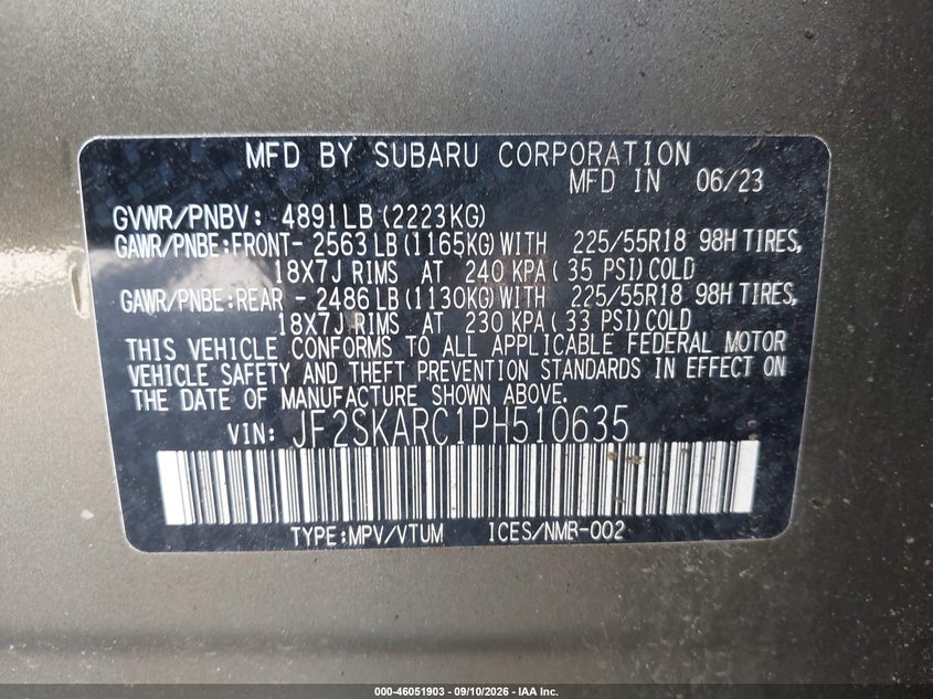 SUBARU FORESTER 2023 VIN JF2SKARC1PH510635