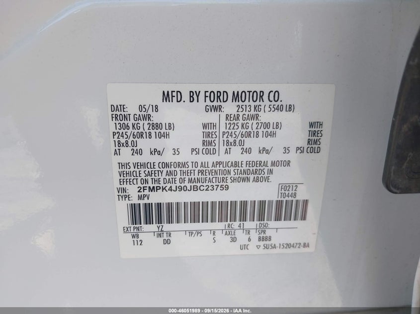 FORD EDGE 2018 VIN 2FMPK4J90JBC23759