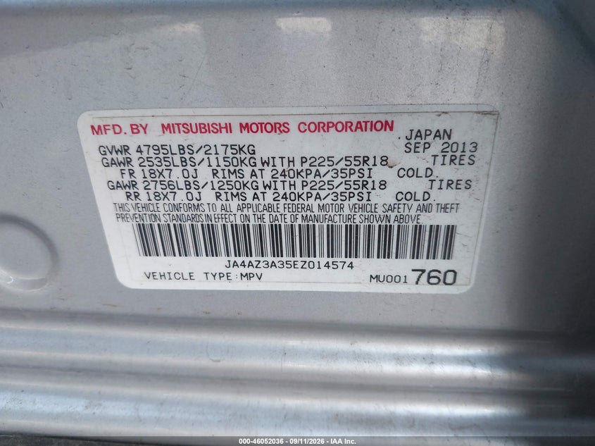 MITSUBISHI OUTLANDER 2014 VIN JA4AZ3A35EZ014574
