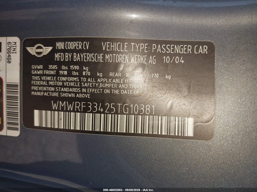 MINI COOPER 2005 VIN WMWRF33425TG10381