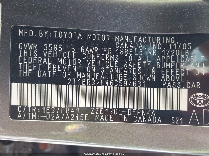 2006 TOYOTA COROLLA SEDAN 1.8L I-4 DOHC, VVT, REGULAR , 126HP