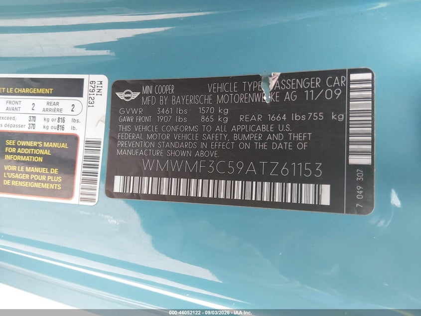 MINI COOPER 2010 VIN WMWMF3C59ATZ61153