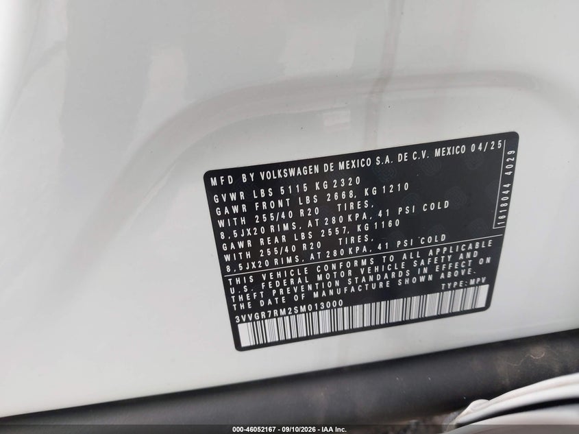 VOLKSWAGEN TIGUAN 2025 VIN 3VVGR7RM2SM013000
