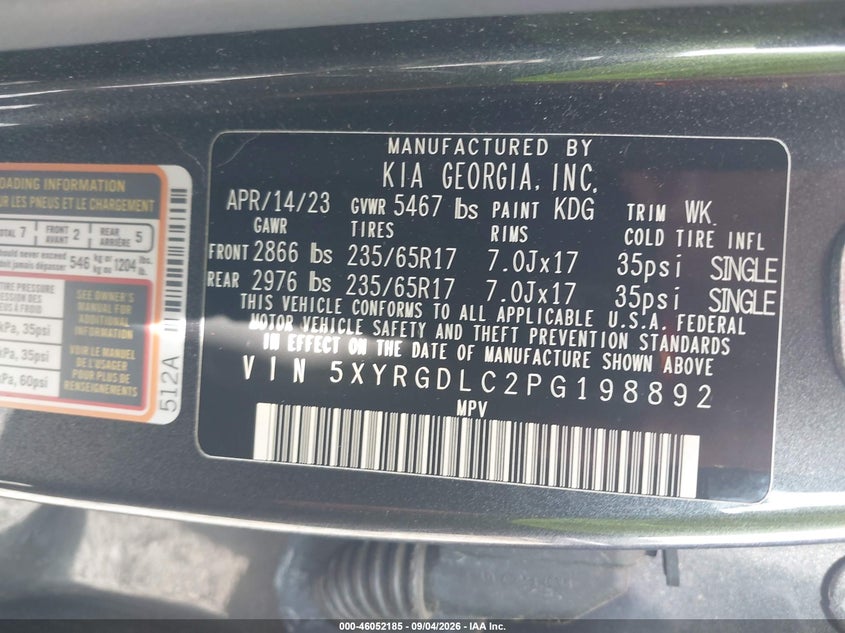 KIA SORENTO 2023 VIN 5XYRGDLC2PG198892
