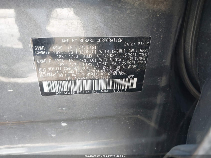 SUBARU ASCENT 2023 VIN 4S4WMABD5P3415517