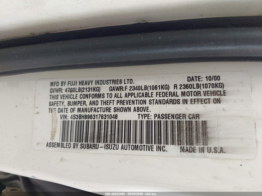 SUBARU OUTBACK 2001 VIN 4S3BH896317631048