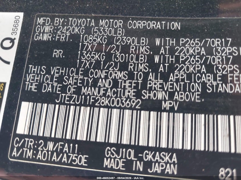 TOYOTA FJ CRUISER 2008 VIN JTEZU11F28K003692