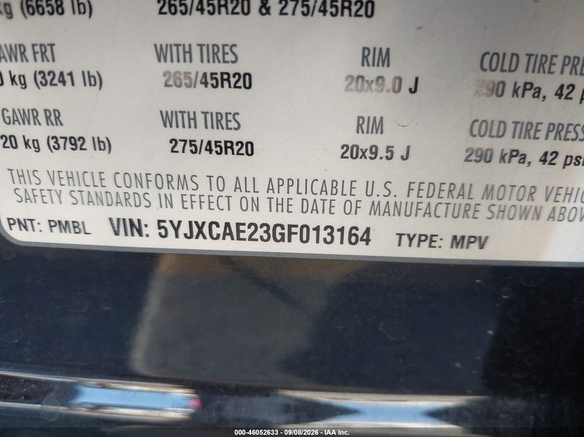 TESLA MODEL X 2016 VIN 5YJXCAE23GF013164