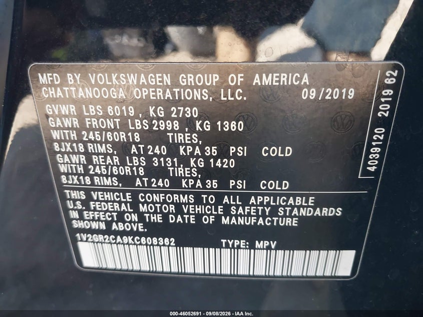 2019 VOLKSWAGEN ATLAS 3.6L V6 S · Фото 9