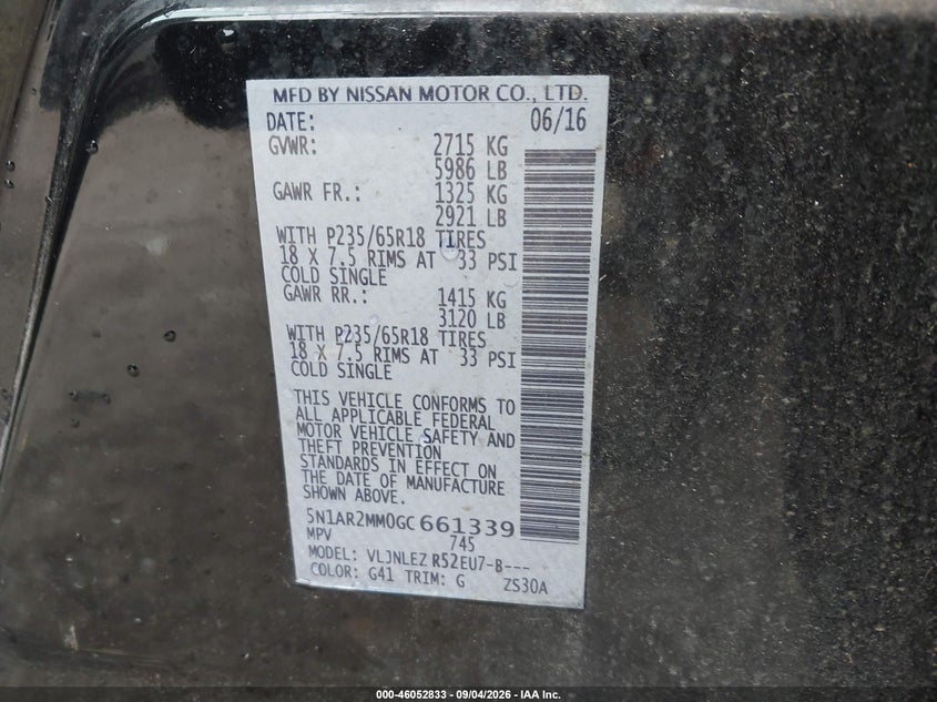 NISSAN PATHFINDER 2016 VIN 5N1AR2MM0GC661339