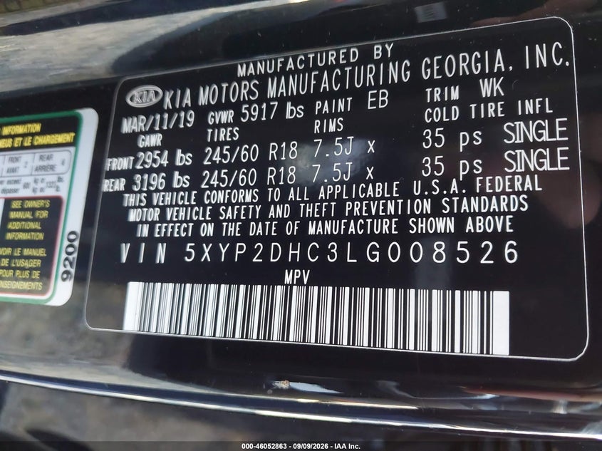 KIA TELLURIDE 2020 VIN 5XYP2DHC3LG008526