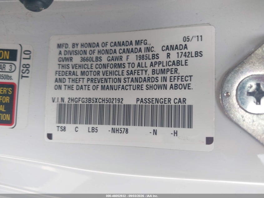 2012 HONDA CIVIC COUPE 1.8L I-4 VVT, REGULAR , 140HP