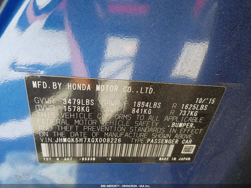 HONDA FIT 2016 VIN JHMGK5H7XGX008226