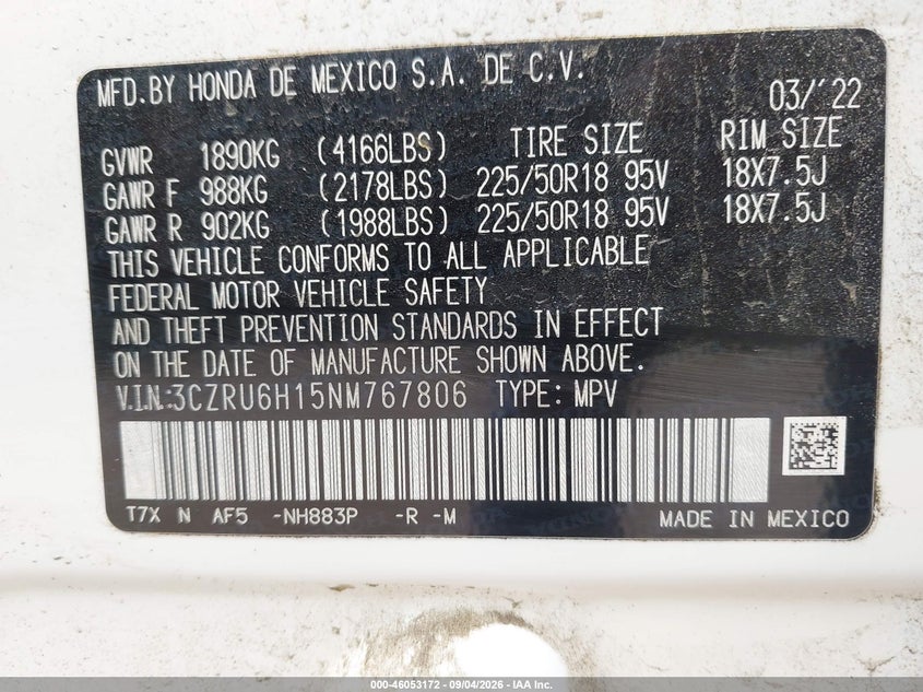 HONDA HR-V 2022 VIN 3CZRU6H15NM767806