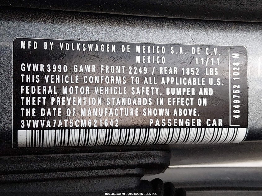 VOLKSWAGEN BEETLE 2012 VIN 3VWVA7AT5CM621642