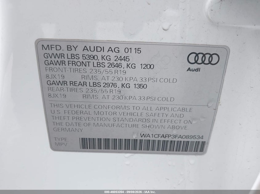 AUDI Q5 2015 VIN WA1CFAFP3FA089534