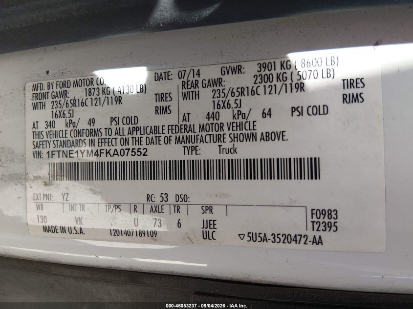 FORD TRANSIT-150 2015 VIN 1FTNE1YM4FKA07552