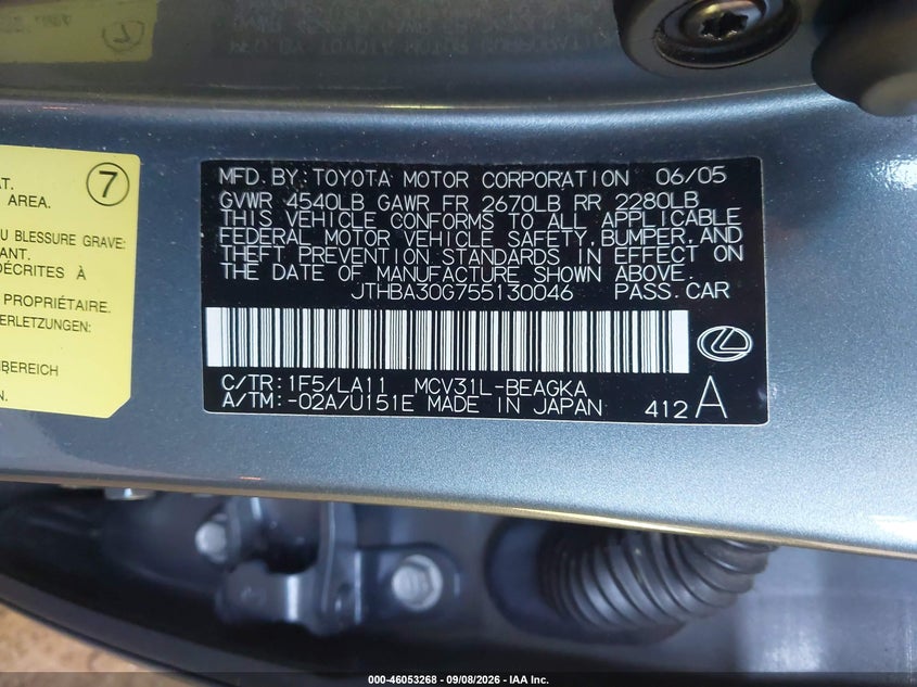 LEXUS ES 330 2005 VIN JTHBA30G755130046