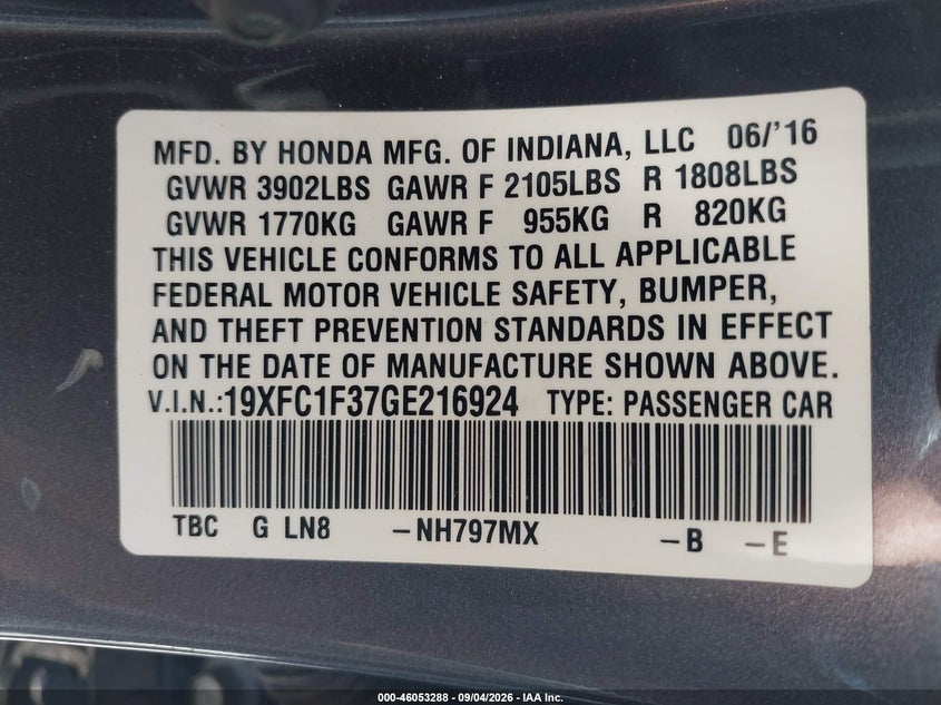 HONDA CIVIC 2016 VIN 19XFC1F37GE216924