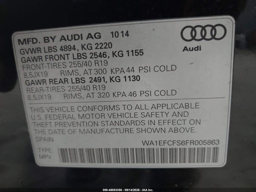 AUDI Q3 2015 VIN WA1EFCFS6FR005863